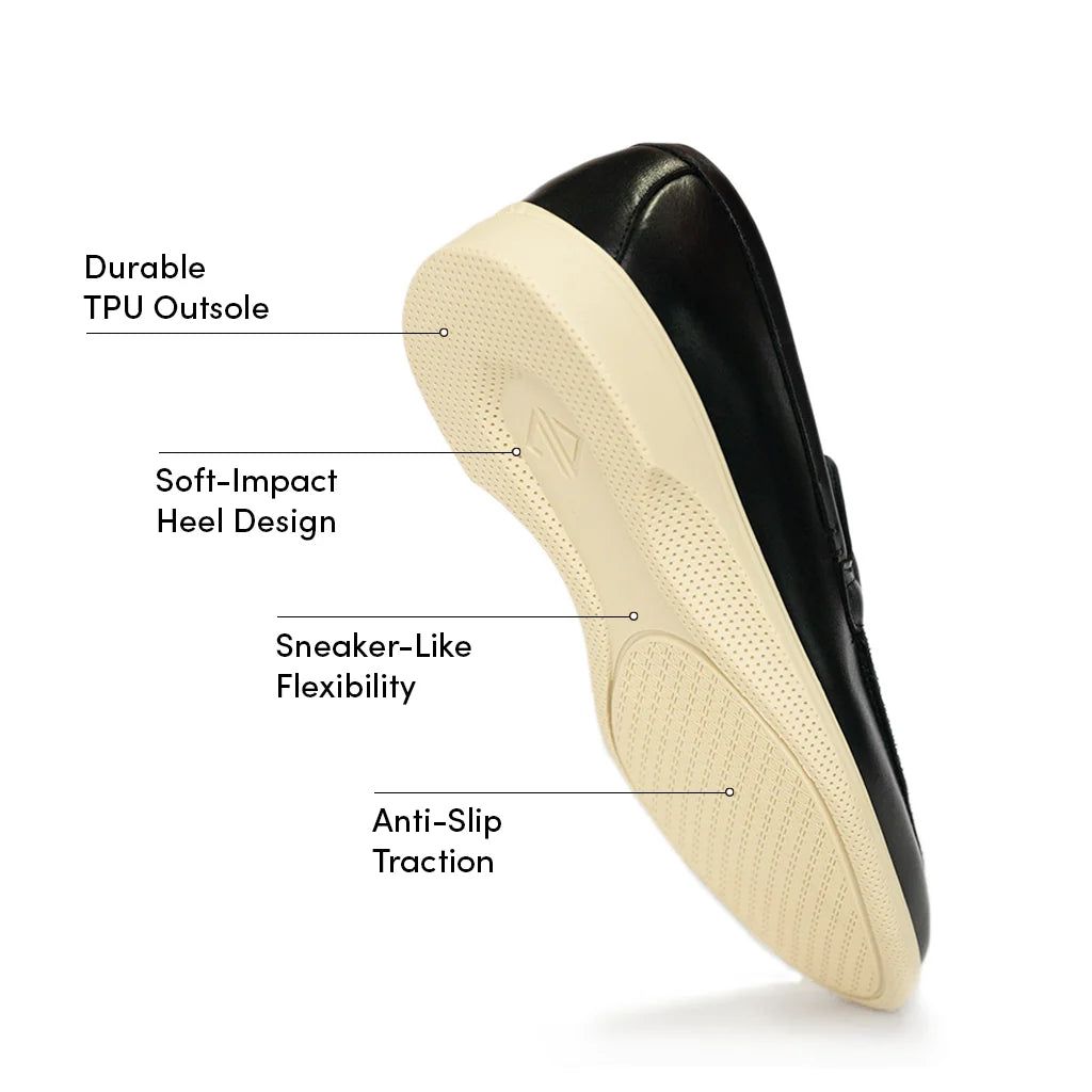 Black shoe with labeled features on a white background