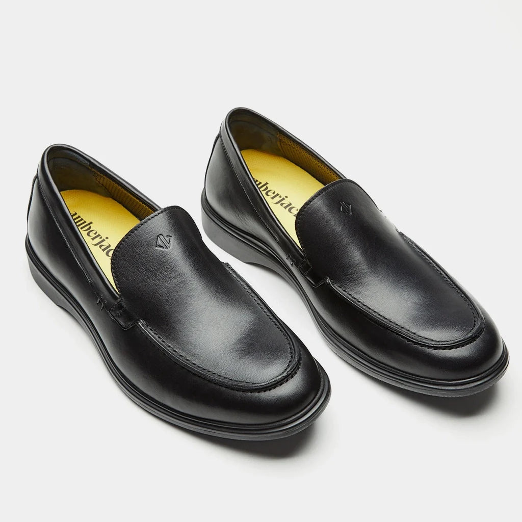 Pair of black loafers on a light gray background
