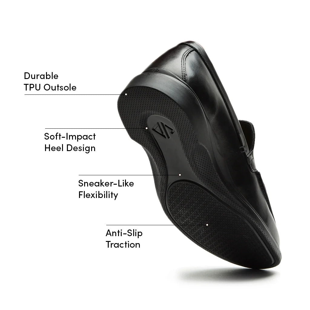 Black shoe with labeled features on a white background
