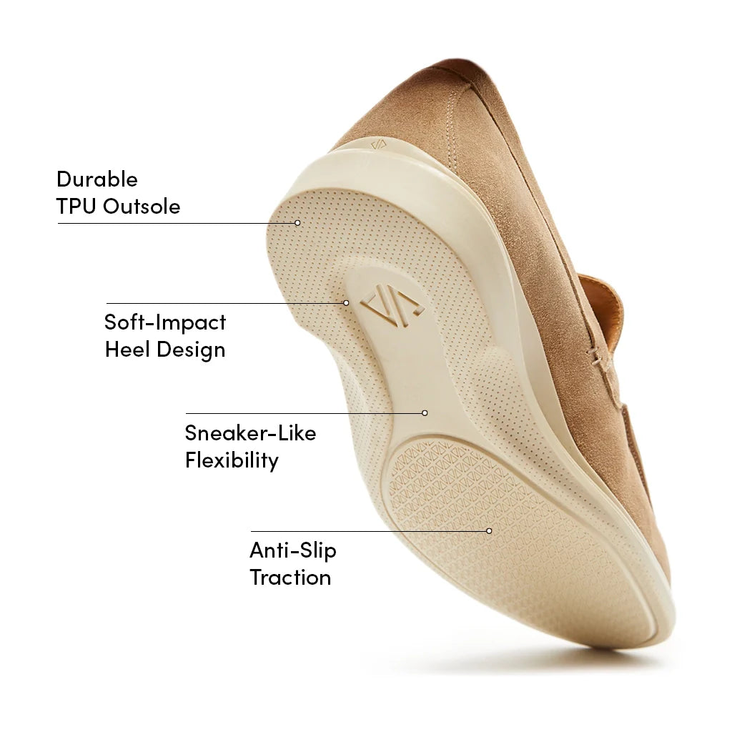 Beige shoe with labeled features on a white background