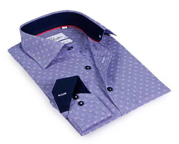 Folded purple patterned shirt with a collar on a white background