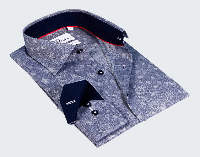 Gray patterned shirt with black collar and buttons on a white background