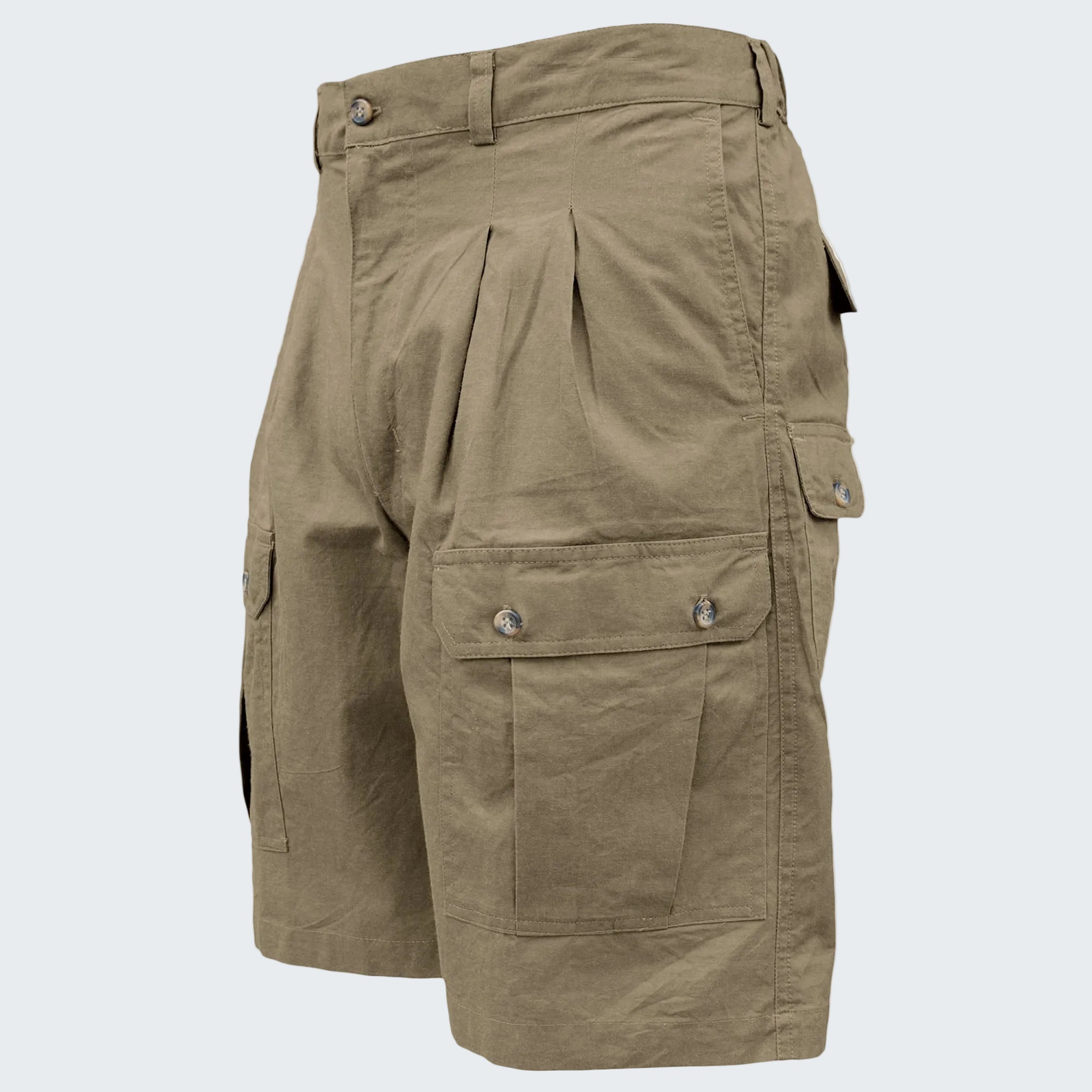 Khaki cargo shorts on a white background