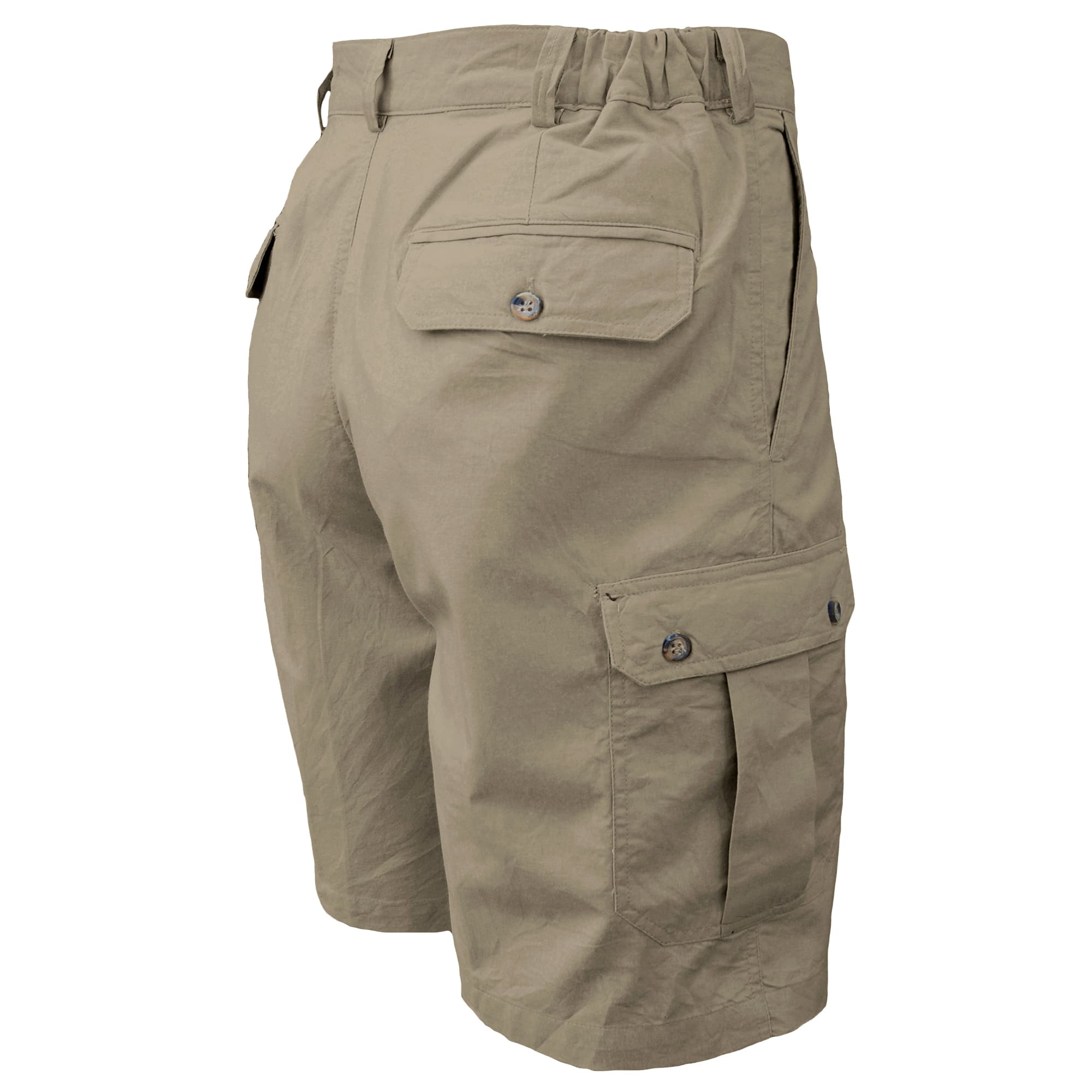 Beige cargo shorts on a white background