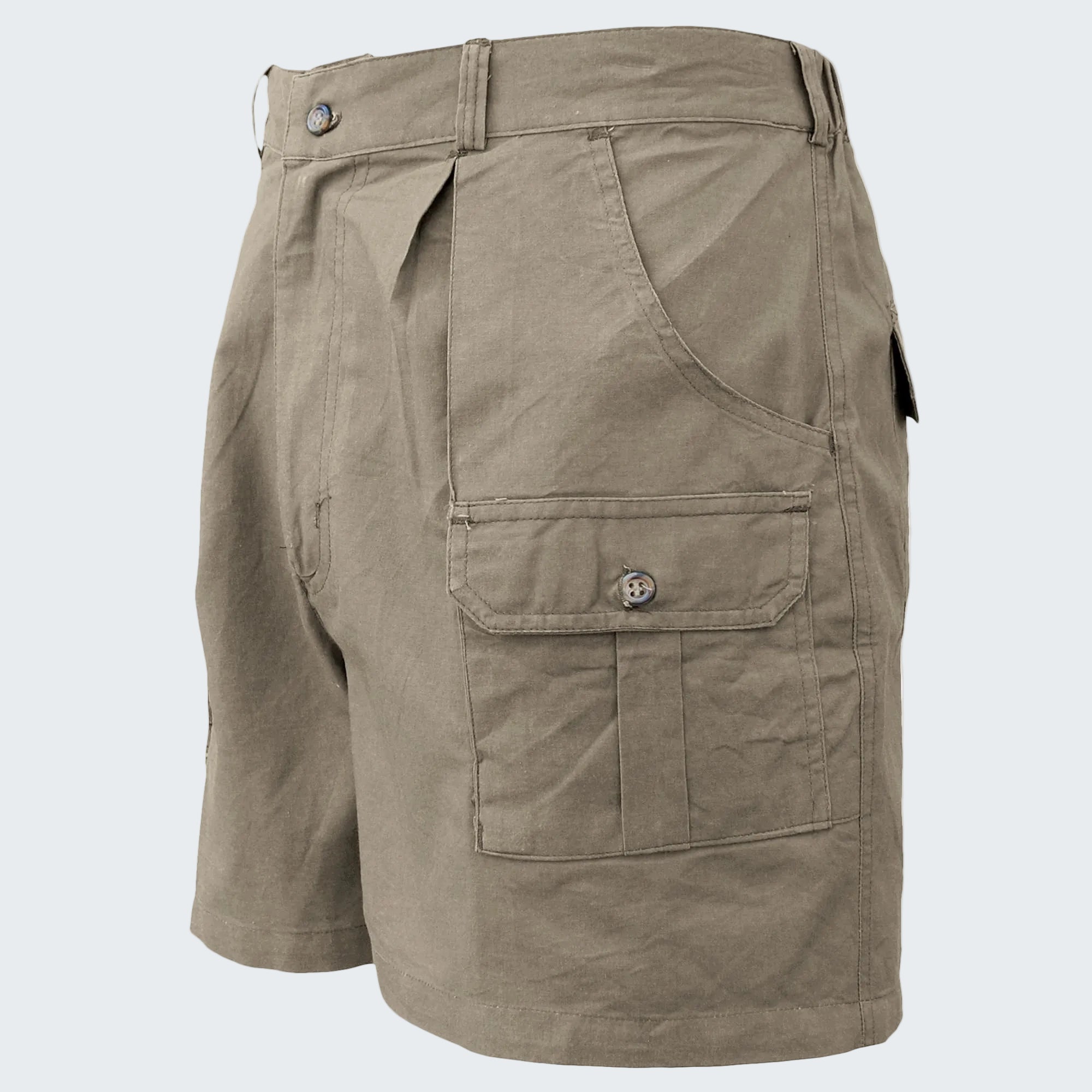 Khaki shorts with multiple pockets on a white background