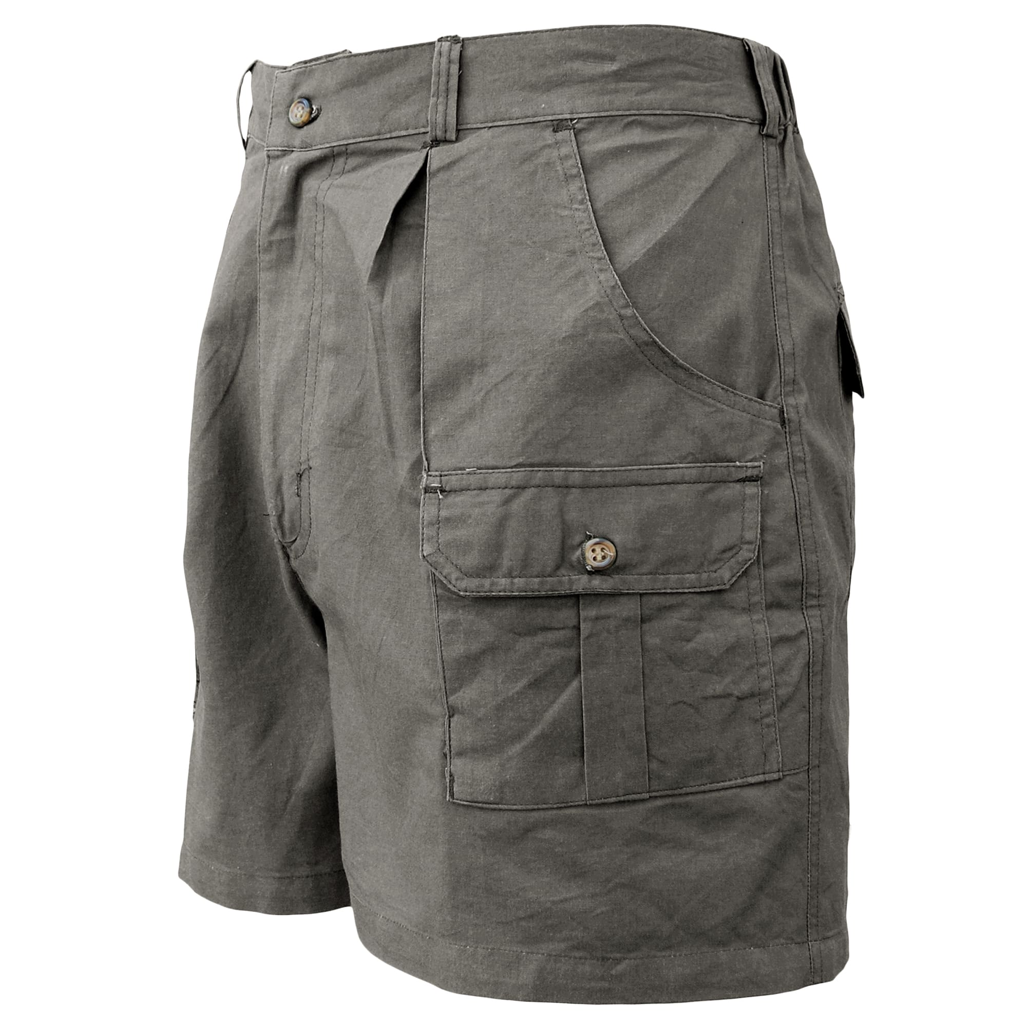 Gray cargo shorts with multiple pockets on a white background