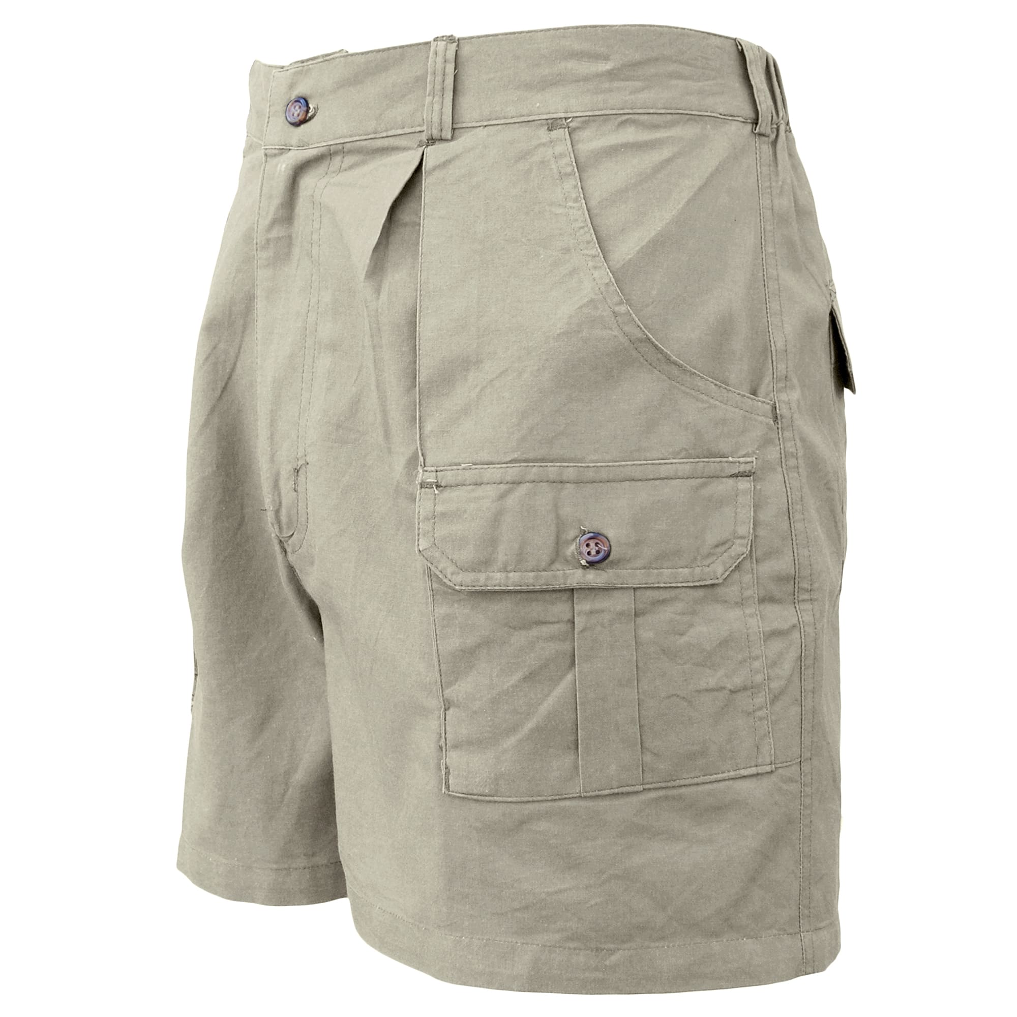 Beige shorts with multiple pockets on a white background