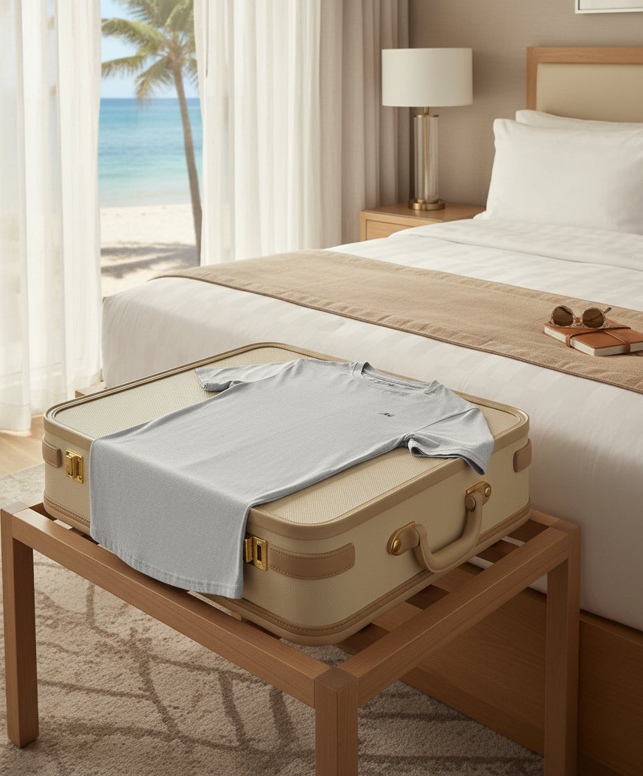 Gray t-shirt with a small logo on a white background
