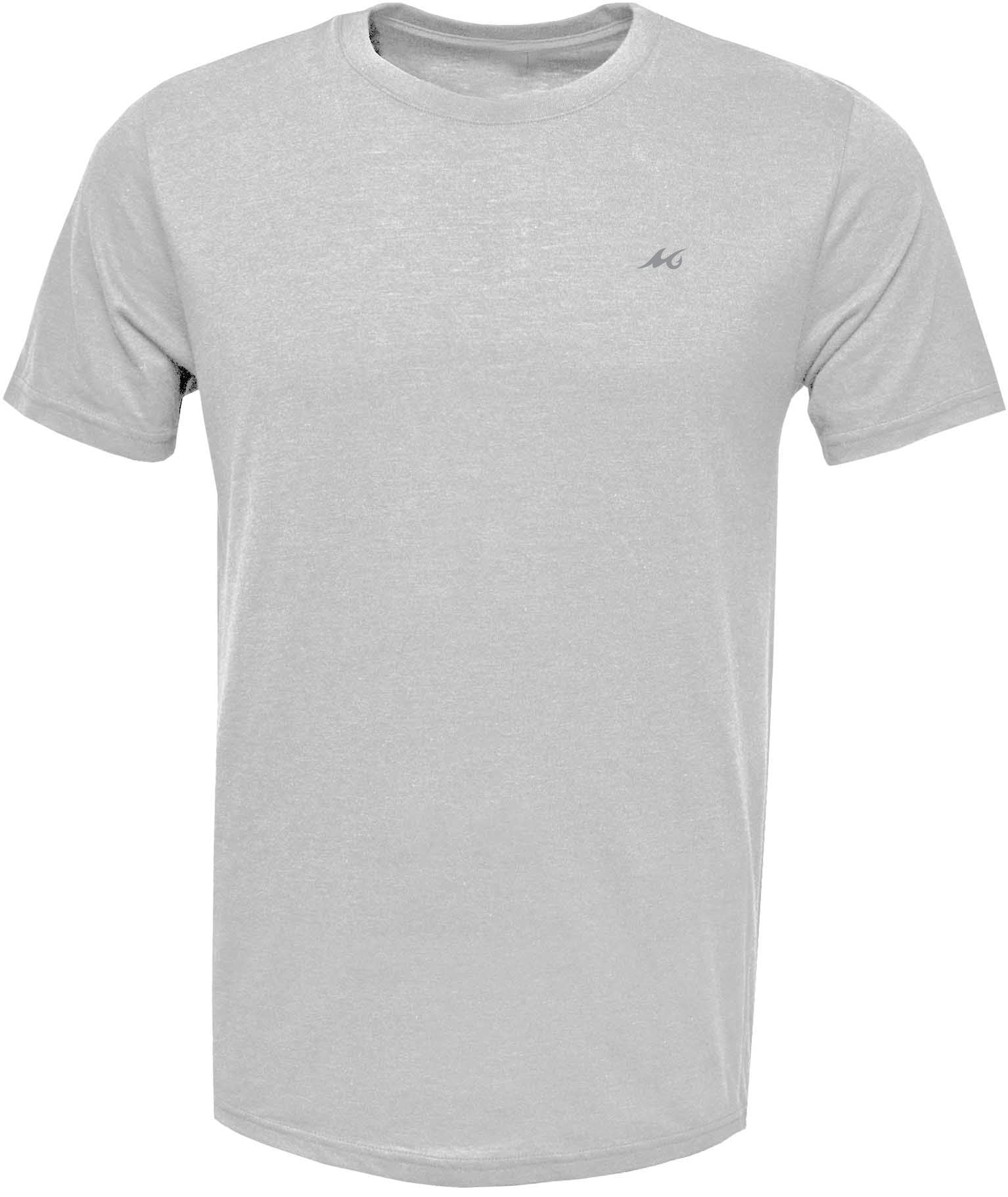 Gray t-shirt with a small logo on a white background