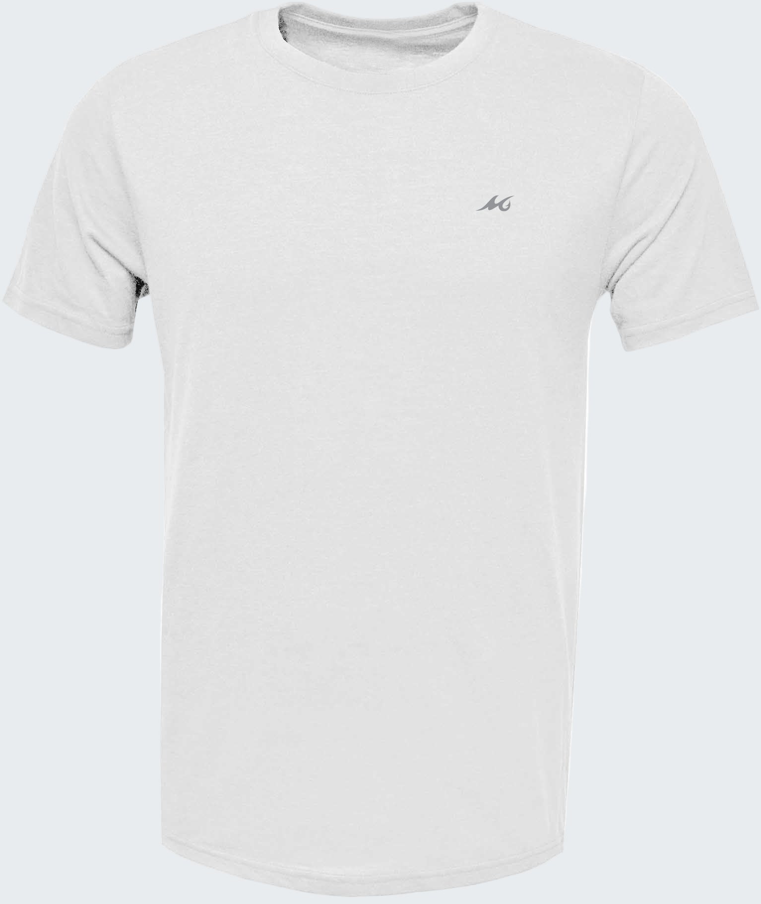 White t-shirt with a small logo on a white background