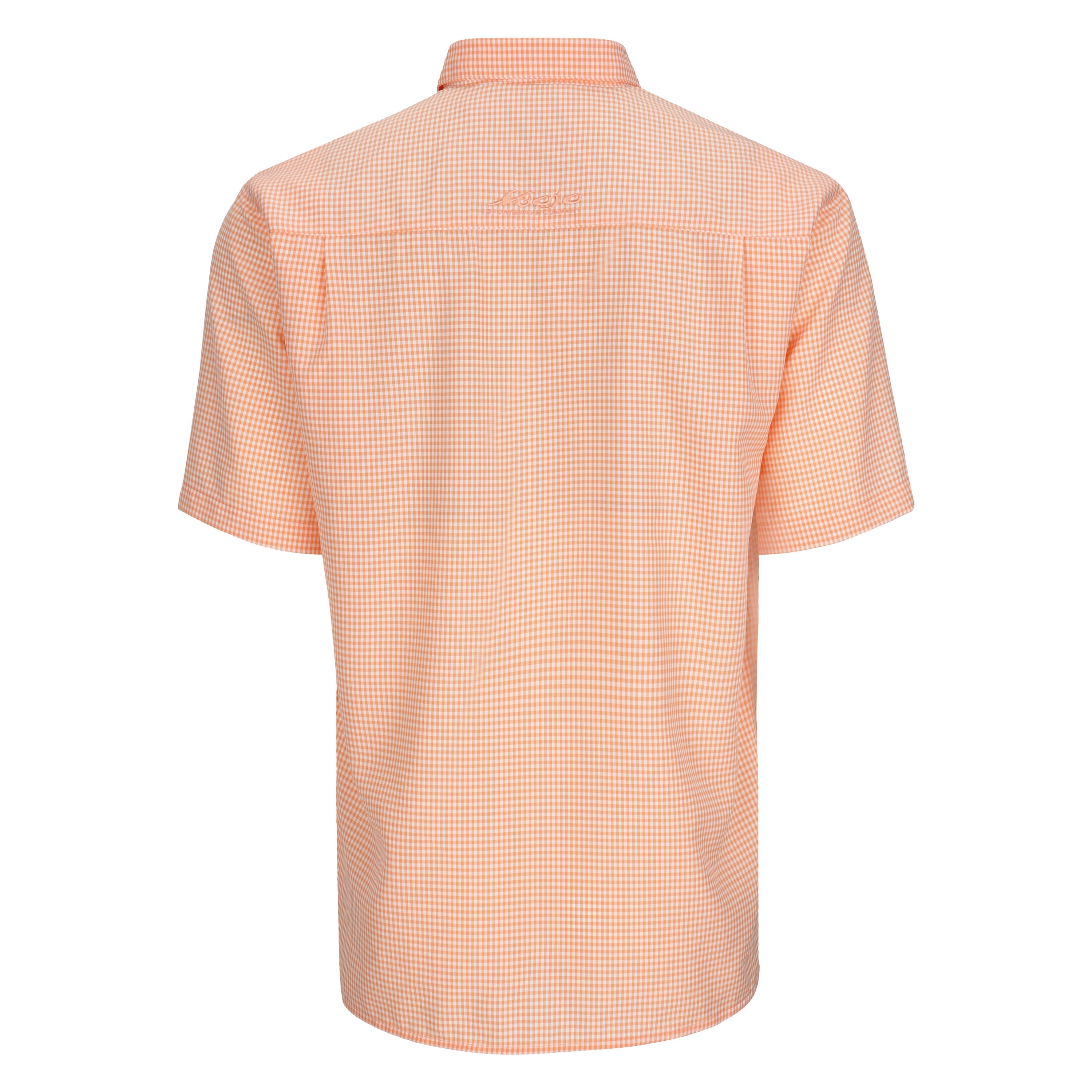 Back view of a peach checkered shirt on a white background