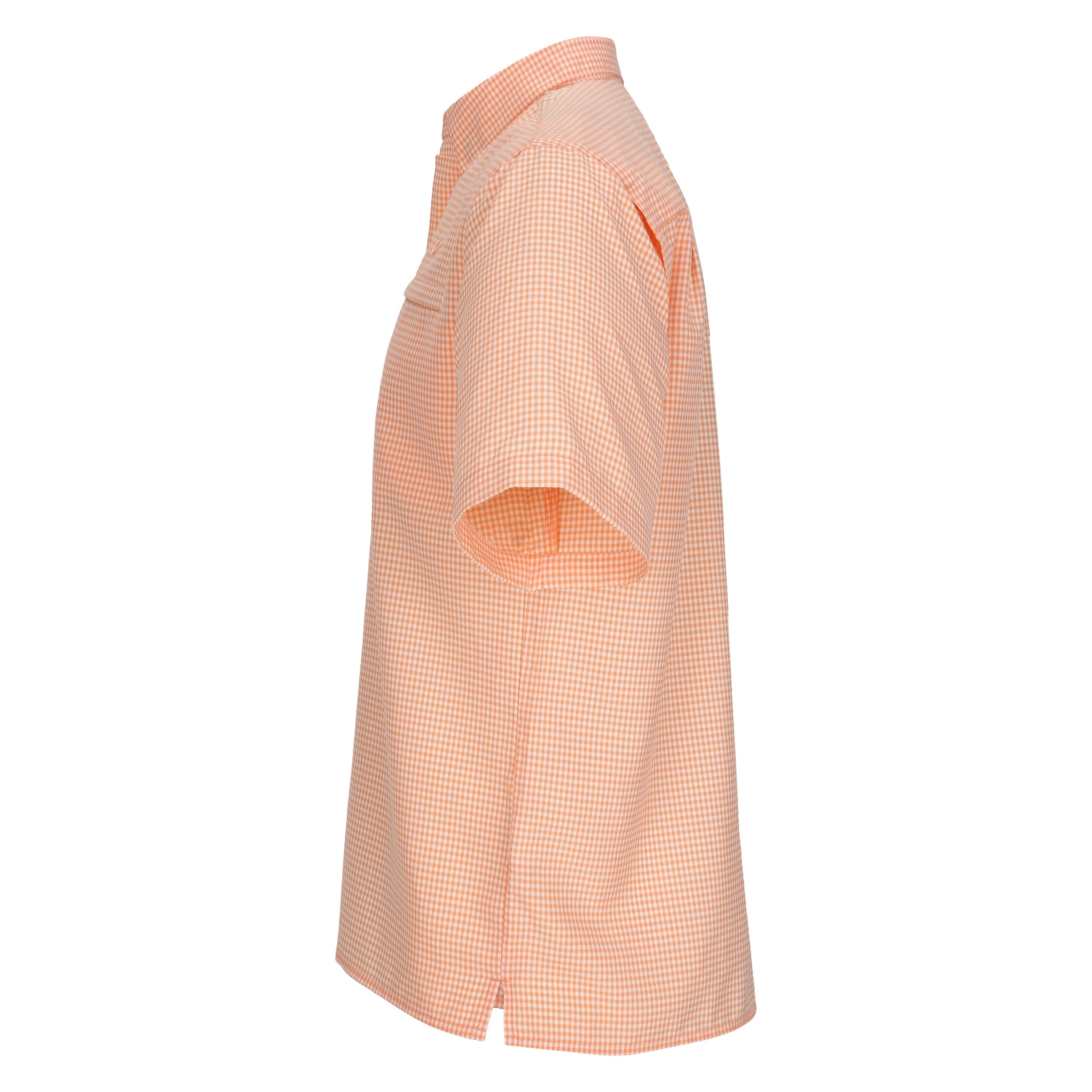 Side view of a peach-colored checkered dress on a white background