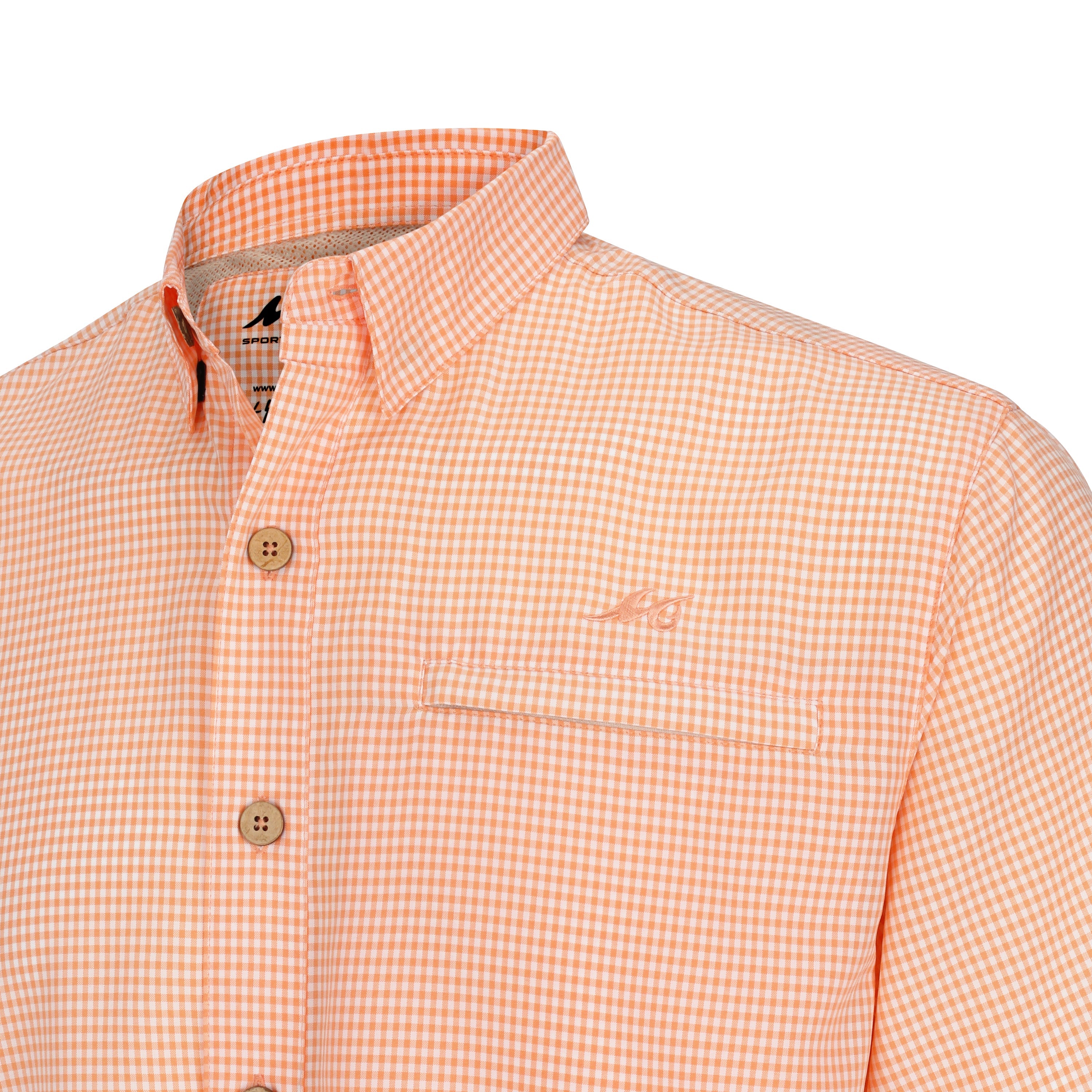 Orange checkered shirt with brand logo on a white background