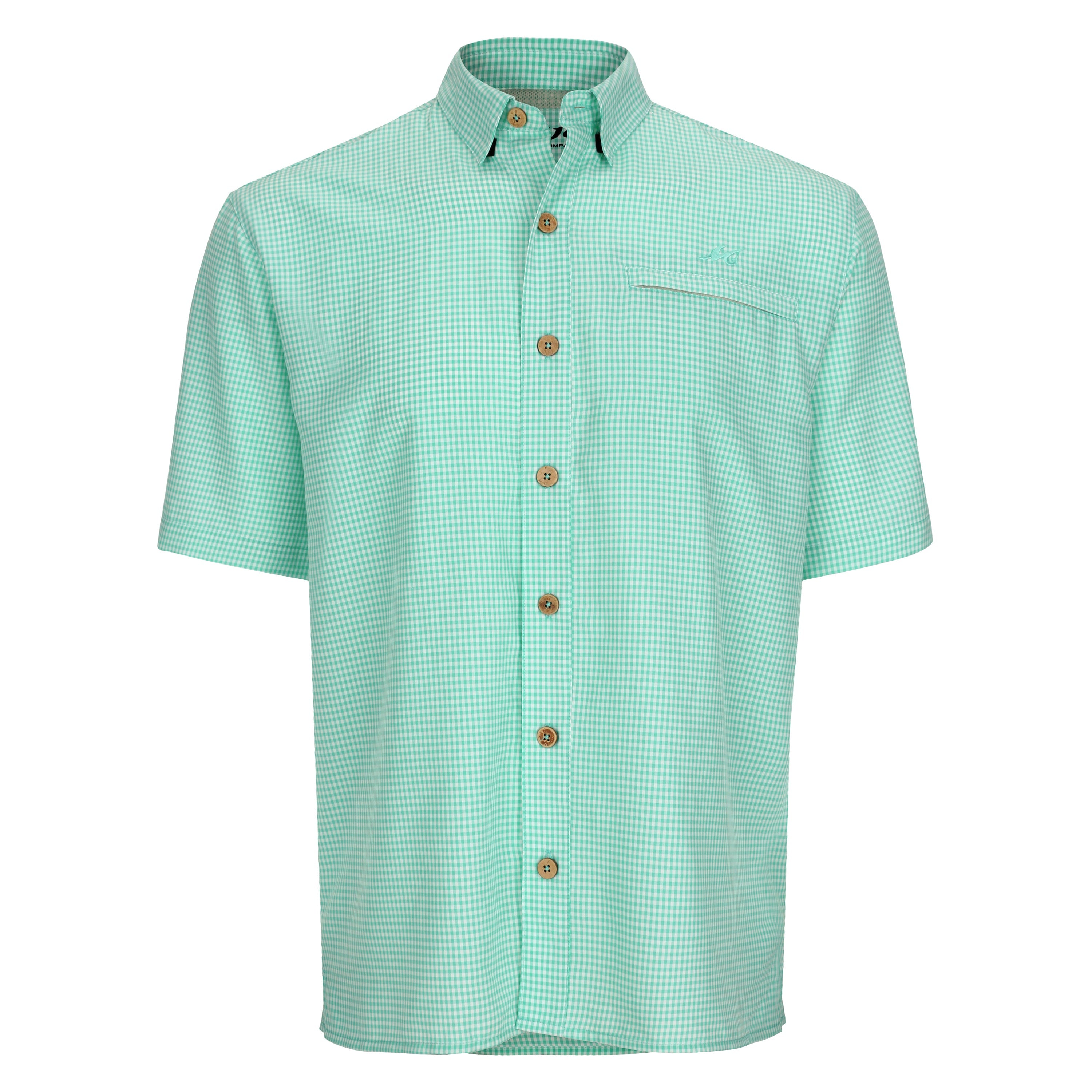 Green checkered shirt with brown buttons on a white background