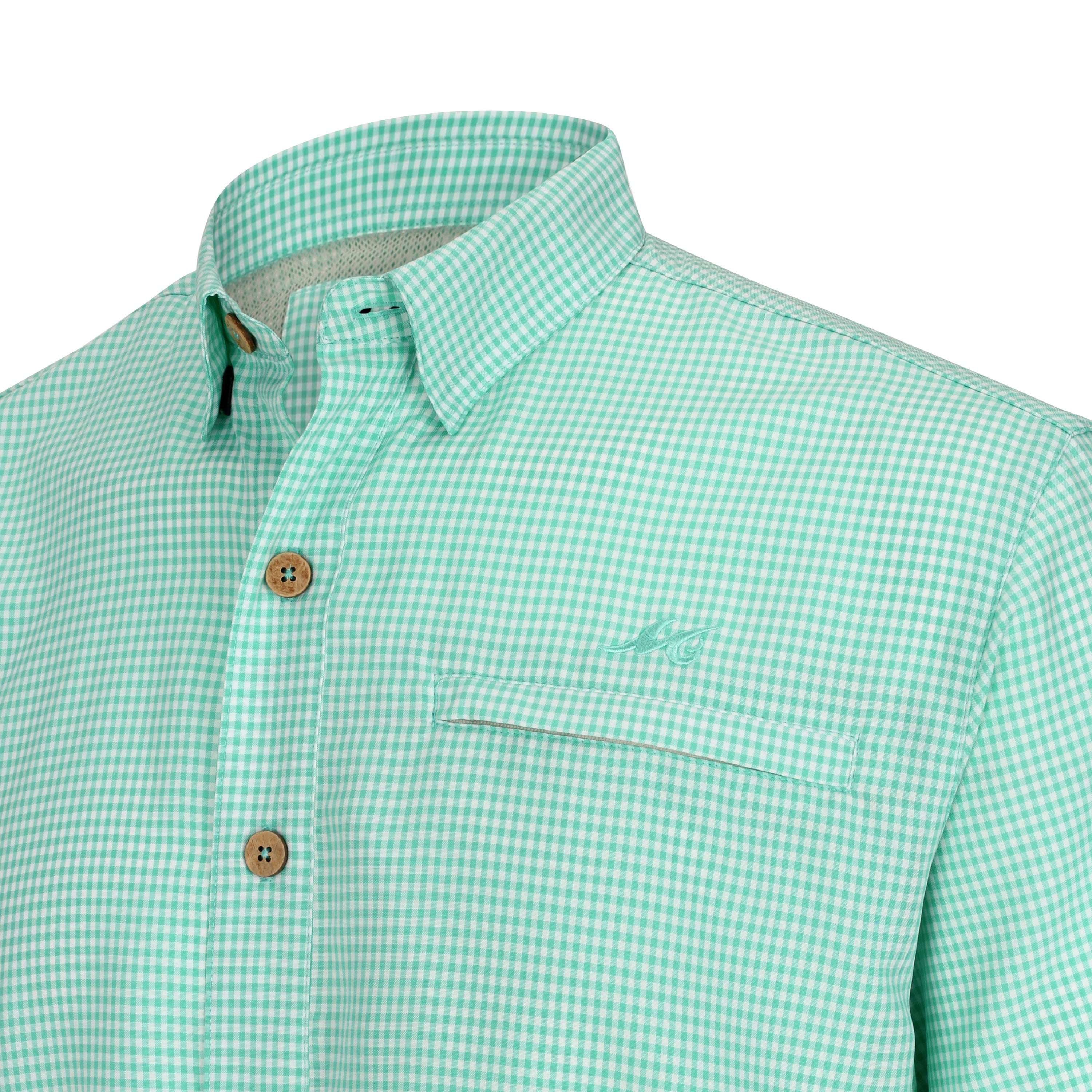 Green checkered shirt with brown buttons on a white background