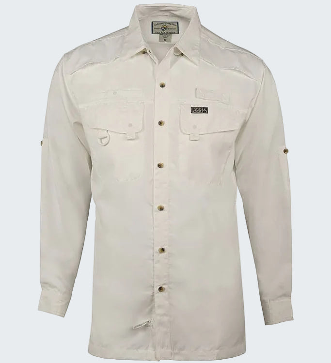 Beige button-up shirt on a white background