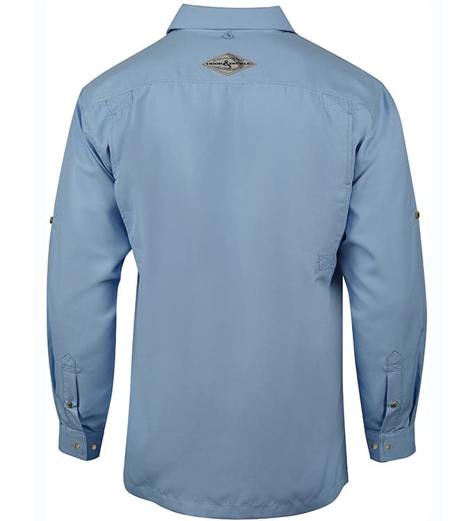 Light blue shirt with a brand logo on the chest pocket against a white background