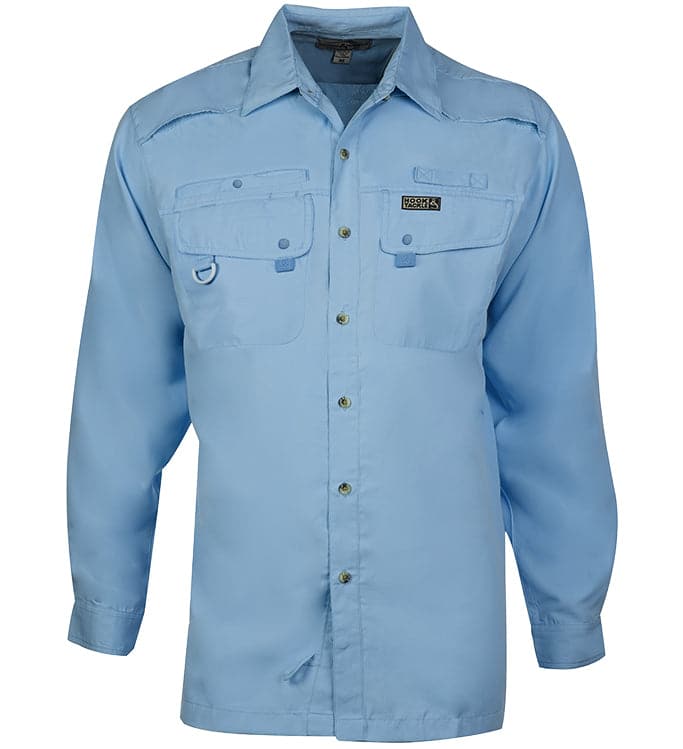 Light blue shirt with button details on a white background