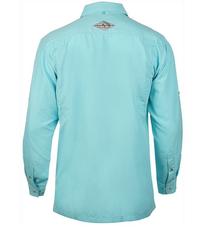 Light blue shirt with a logo on the chest area against a white background