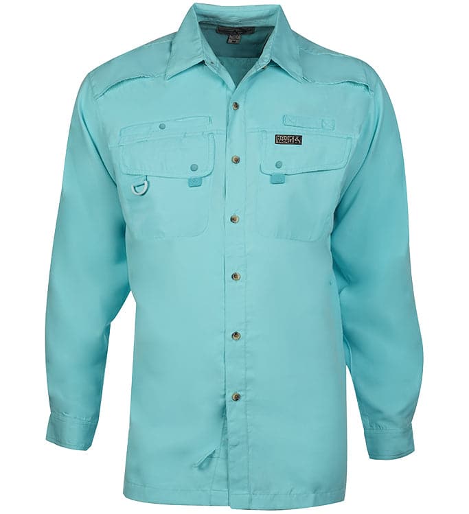 Turquoise shirt with button details on a white background