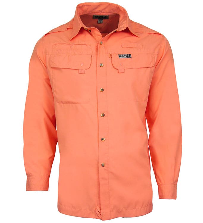Orange shirt with button details on a white background