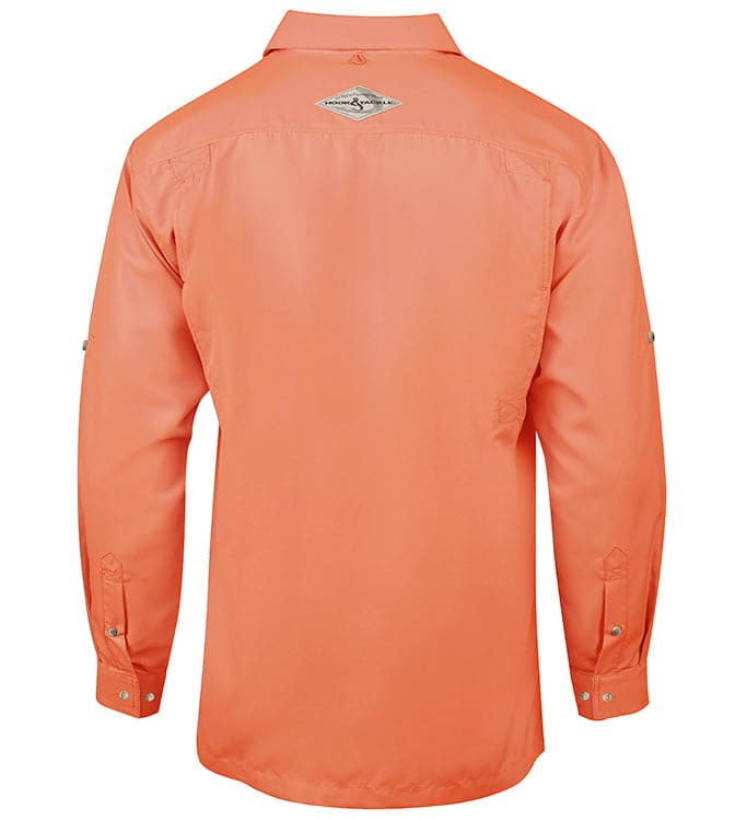 Orange shirt with a brand logo on the chest area against a white background