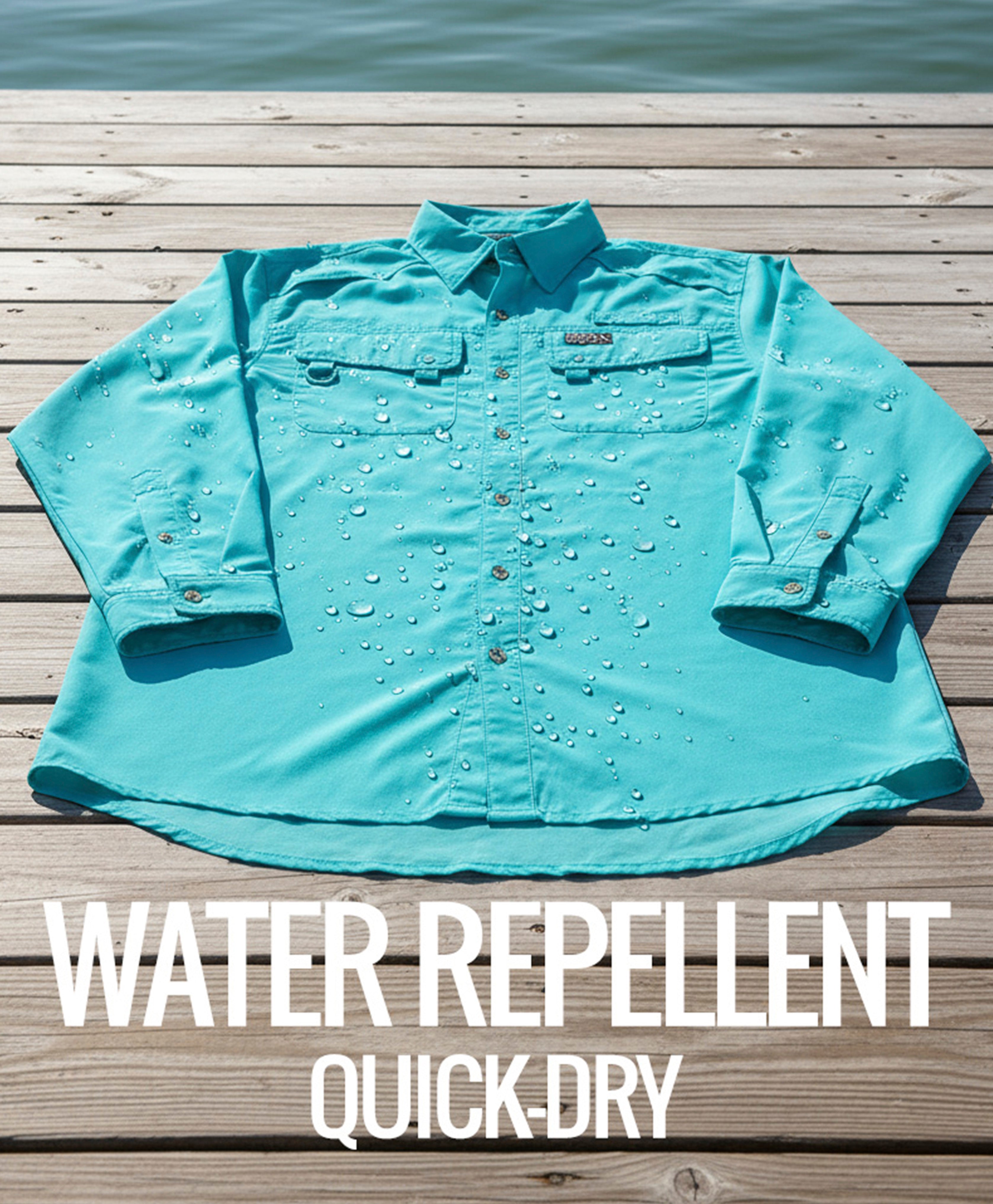 Turquoise water repellent quick-dry shirt on a wooden dock with water in the background