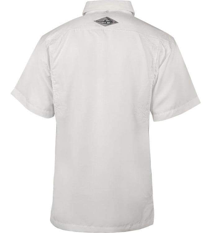 White polo shirt with a logo on the back against a white background