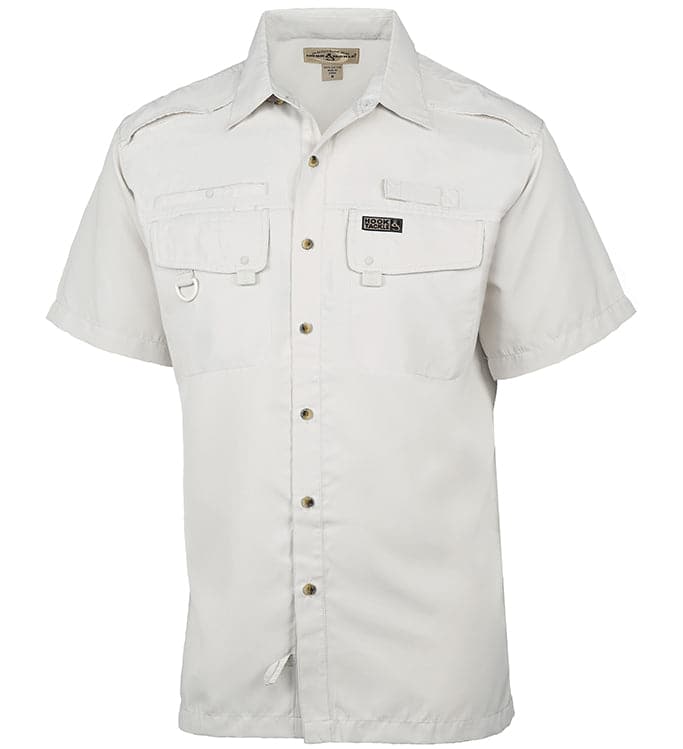 White short-sleeve shirt with button details on a white background
