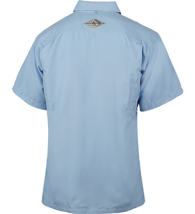 Light blue short-sleeve shirt with a logo on the back against a white background