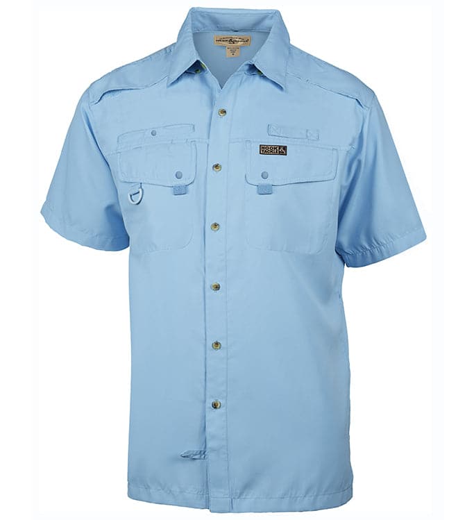 Light blue short-sleeve shirt with button details on a white background