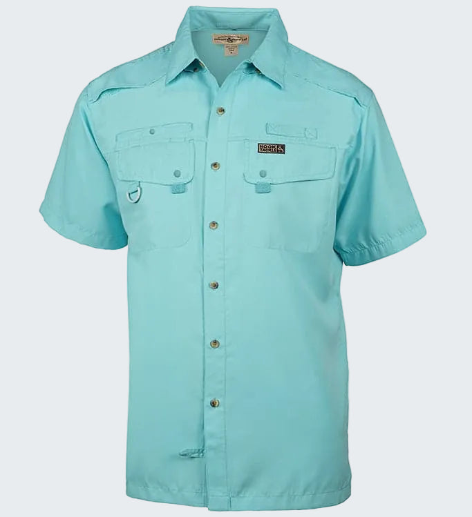 Light blue short-sleeve shirt with button details on a white background