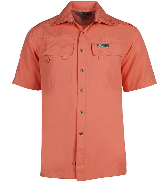 Coral short-sleeve shirt with button details on a white background