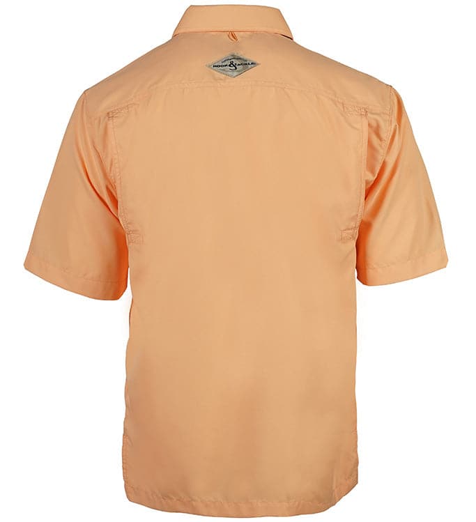 Orange short-sleeve shirt with a brand logo on the back against a white background