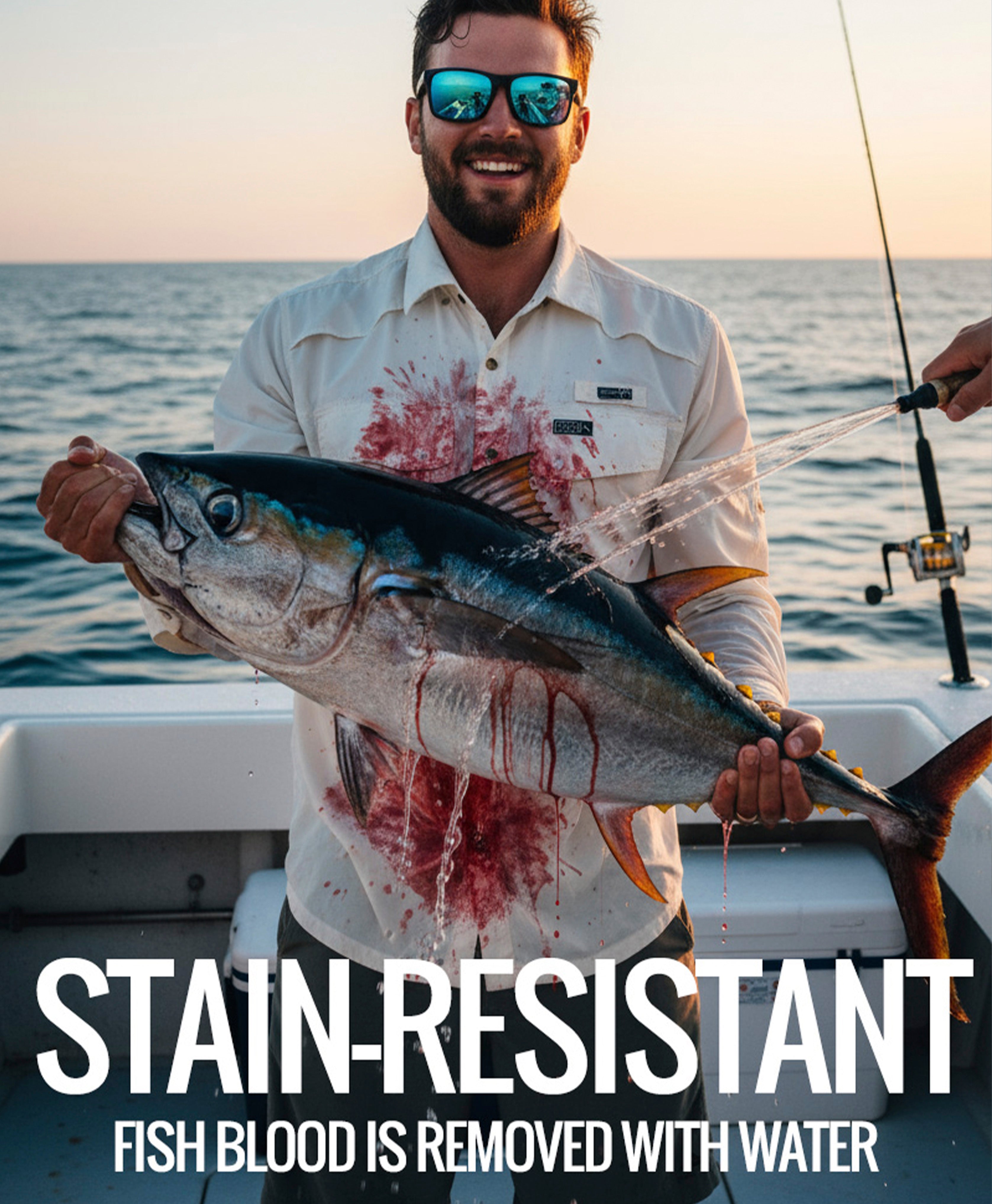 Man holding a large fish on a boat with text about stain-resistant clothing.