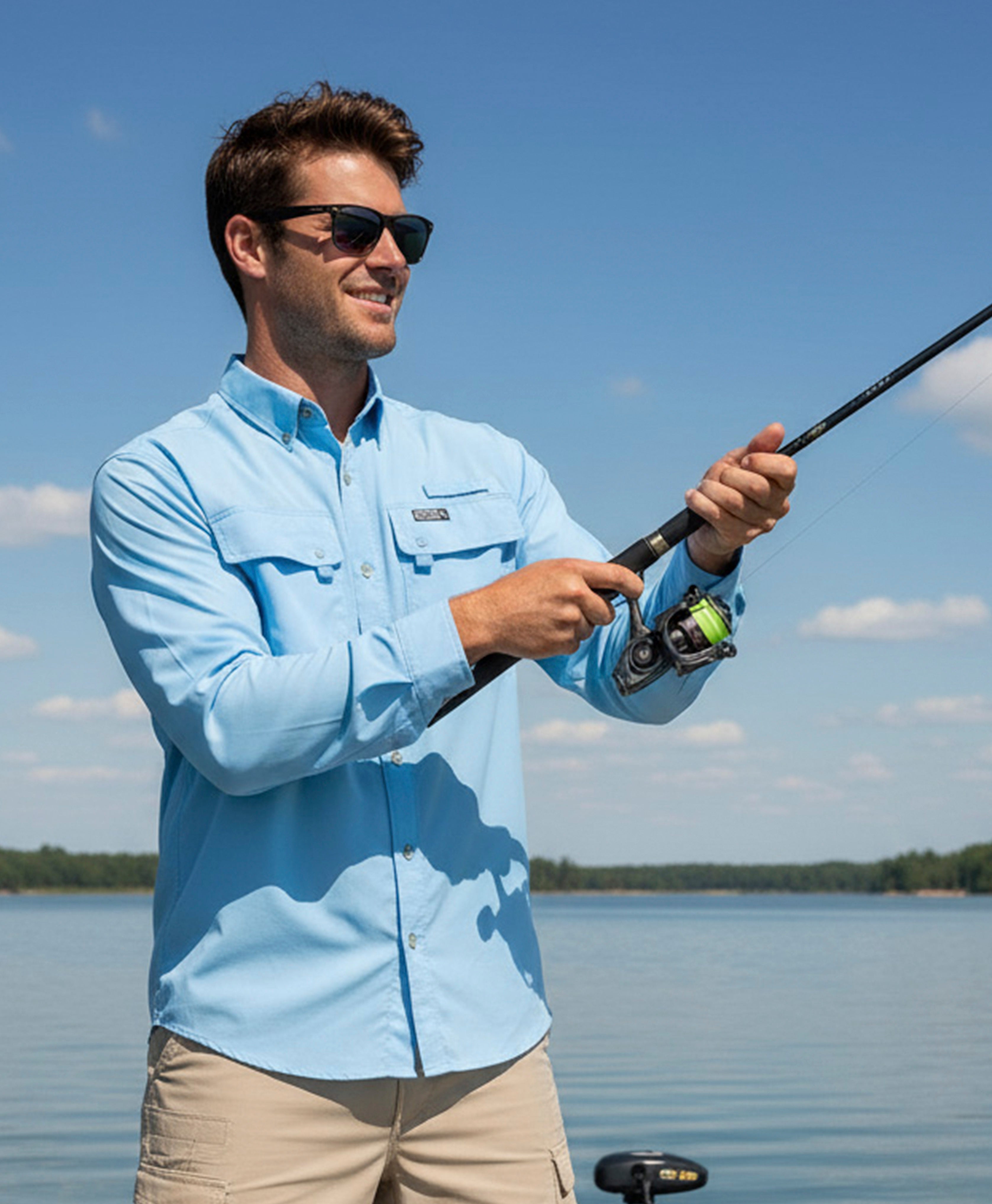 Man fishing on a lake wearing a light blue shirt with a logo.
