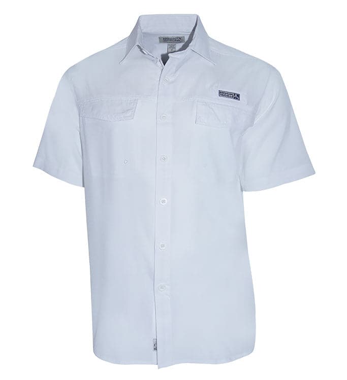Light blue short-sleeve shirt with a brand logo on a white background
