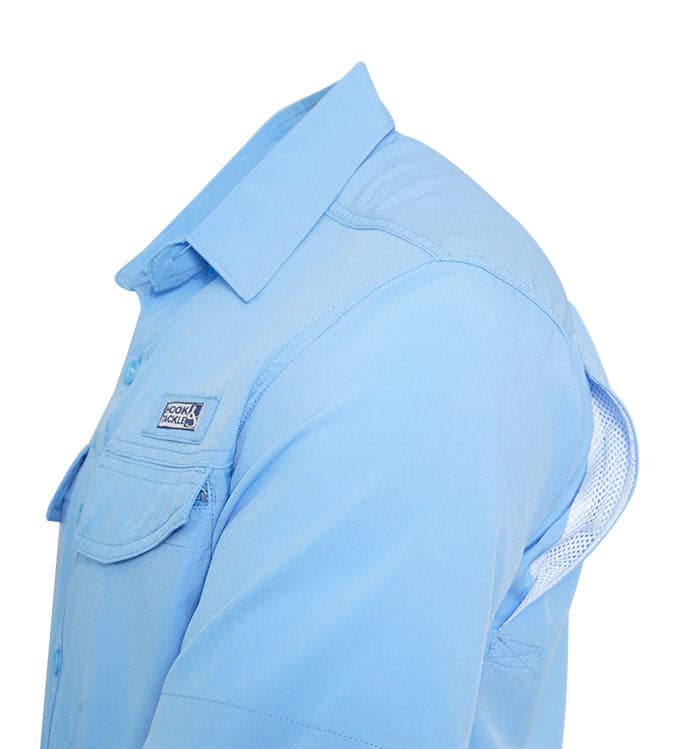 Light blue shirt with a collar and short sleeves on a white background