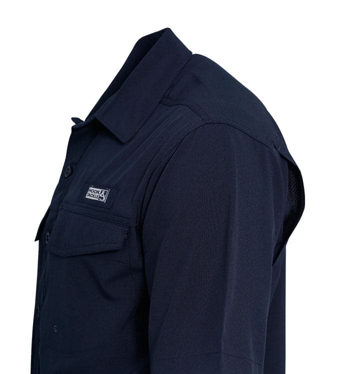 Navy blue shirt with a brand logo on a white background