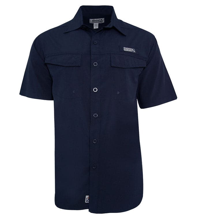 Navy blue short-sleeve button-up shirt with a logo on a white background