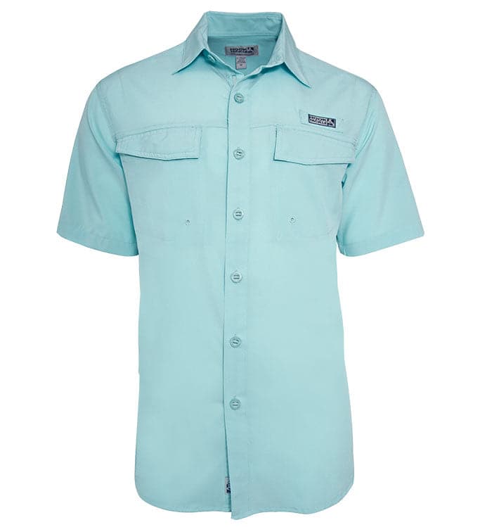 Light blue short-sleeve button-up shirt with a brand logo on a white background