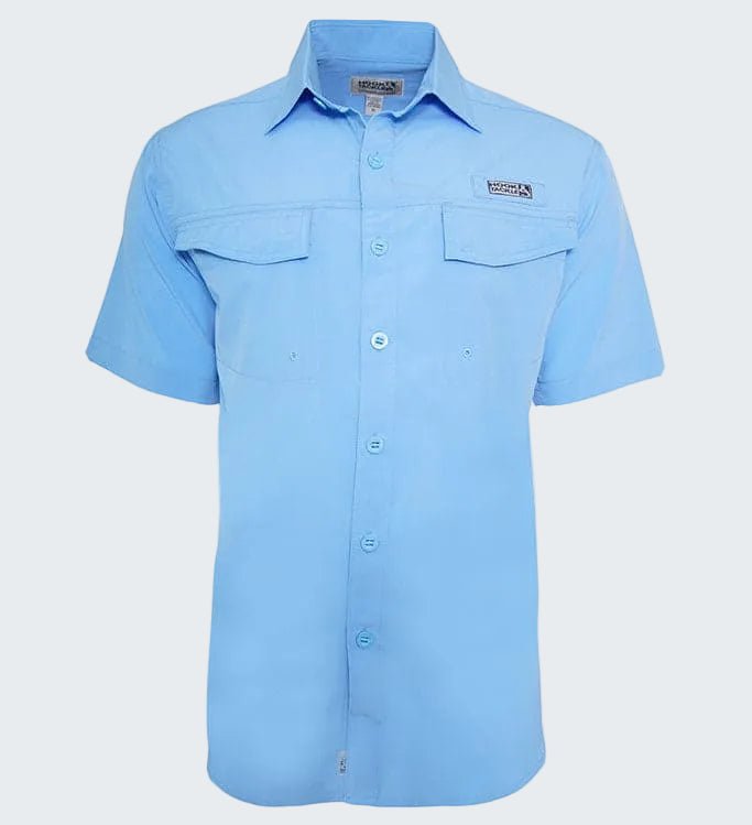 Light blue short-sleeve shirt with button details on a white background