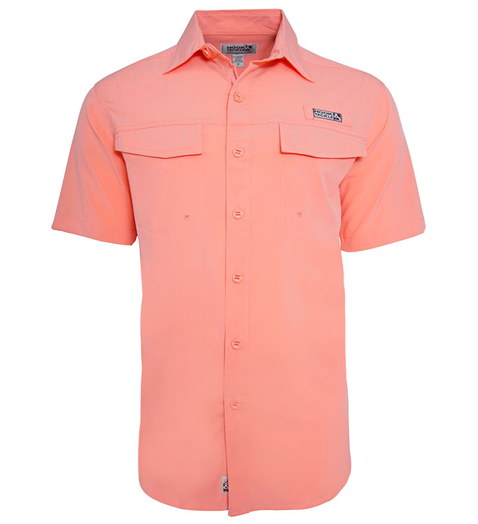 Peach-colored short-sleeve shirt with brand logo on a white background