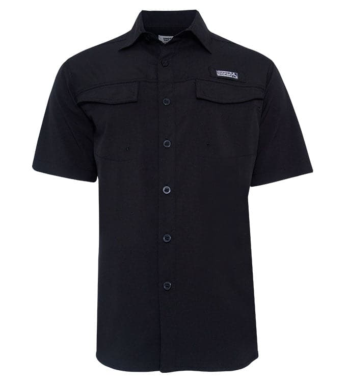 Black short-sleeve button-up shirt with a logo on a white background
