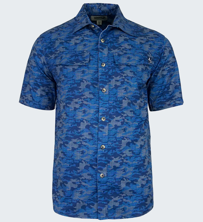 Blue camouflage patterned shirt on a white background