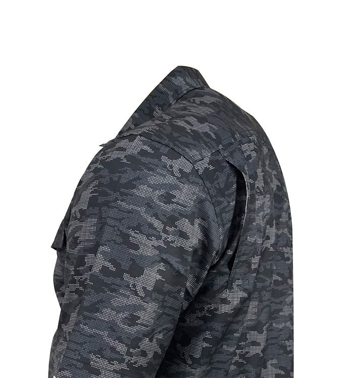 Black camouflage jacket on a white background