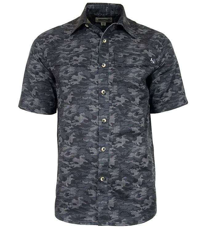 Short-sleeve button-up shirt with camouflage pattern on a white background