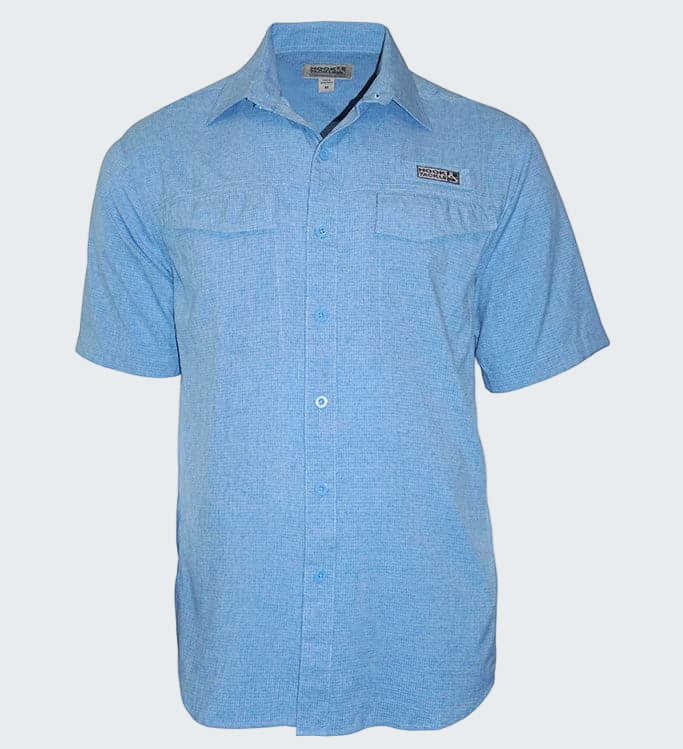 Blue short-sleeve shirt with a brand logo on a white background