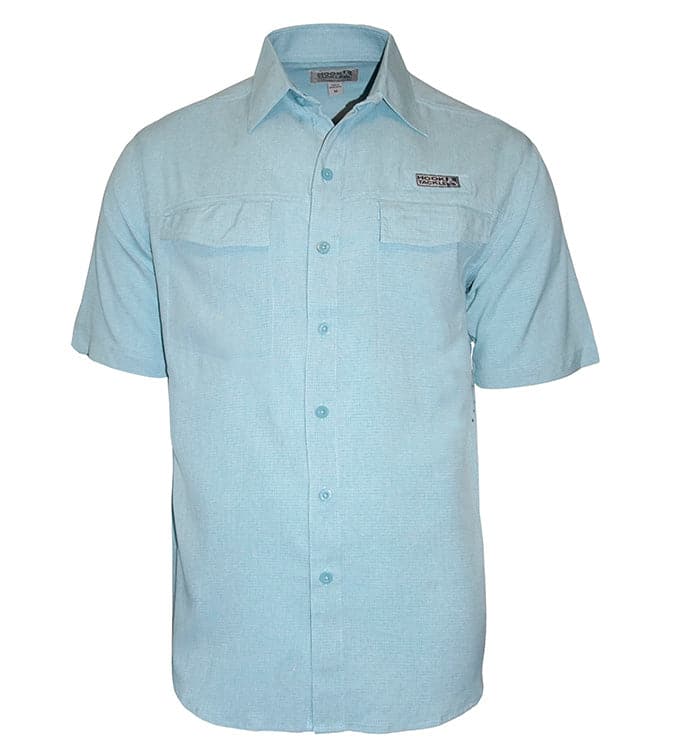 Light blue short-sleeve shirt with a brand logo on a white background