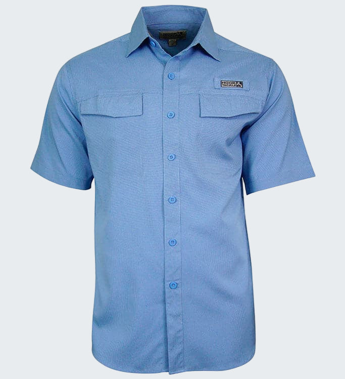 Blue short-sleeve shirt with a brand logo on a white background